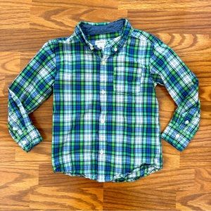 Carter’s Toddler Boys 5T Button Up Long Sleeve Dress Shirt Plaid Blue Green EUC!